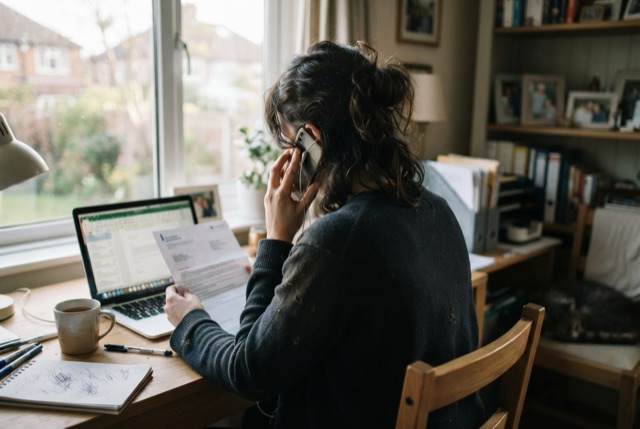A caregiver on a phone call at a home desk holding an insurance letter