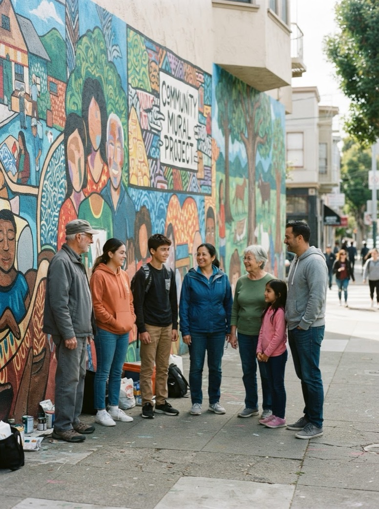 A group of volunteers stands in front of a colorful community mural