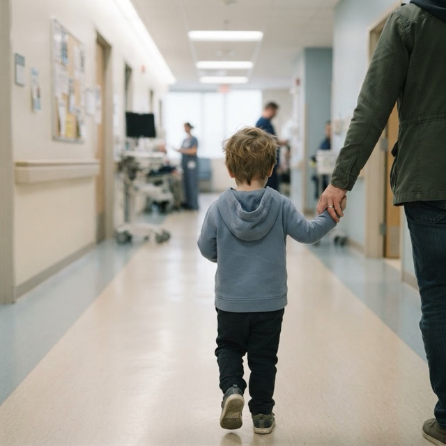 A parent holds a child's hand walking down a hospital corridor