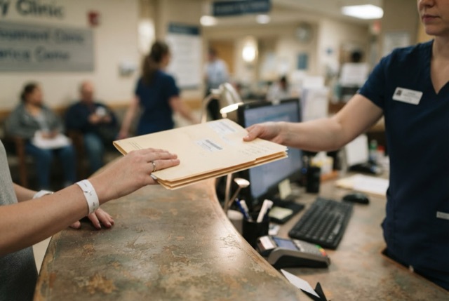Hands exchange a folder of medical records across a clinic reception desk