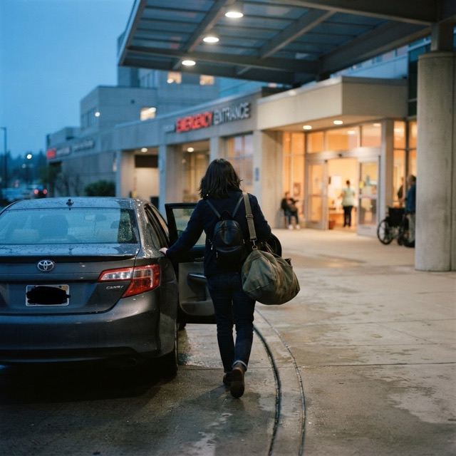 A person with an overnight bag steps out of a car at a hospital entrance at dawn
