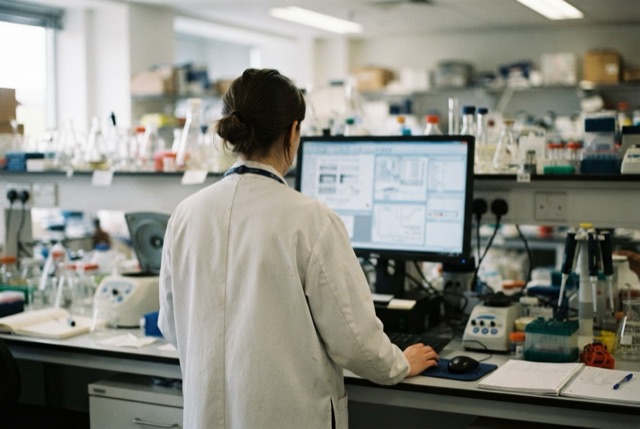 A researcher reviews results on a monitor in a clinical research lab